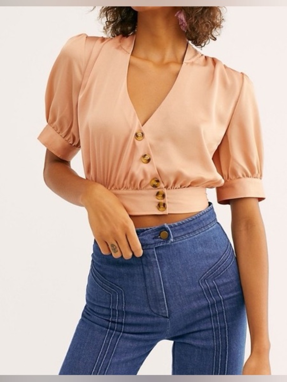 Free People Blush Puff Sleeve Cropped Button Blouse NWT Size Small